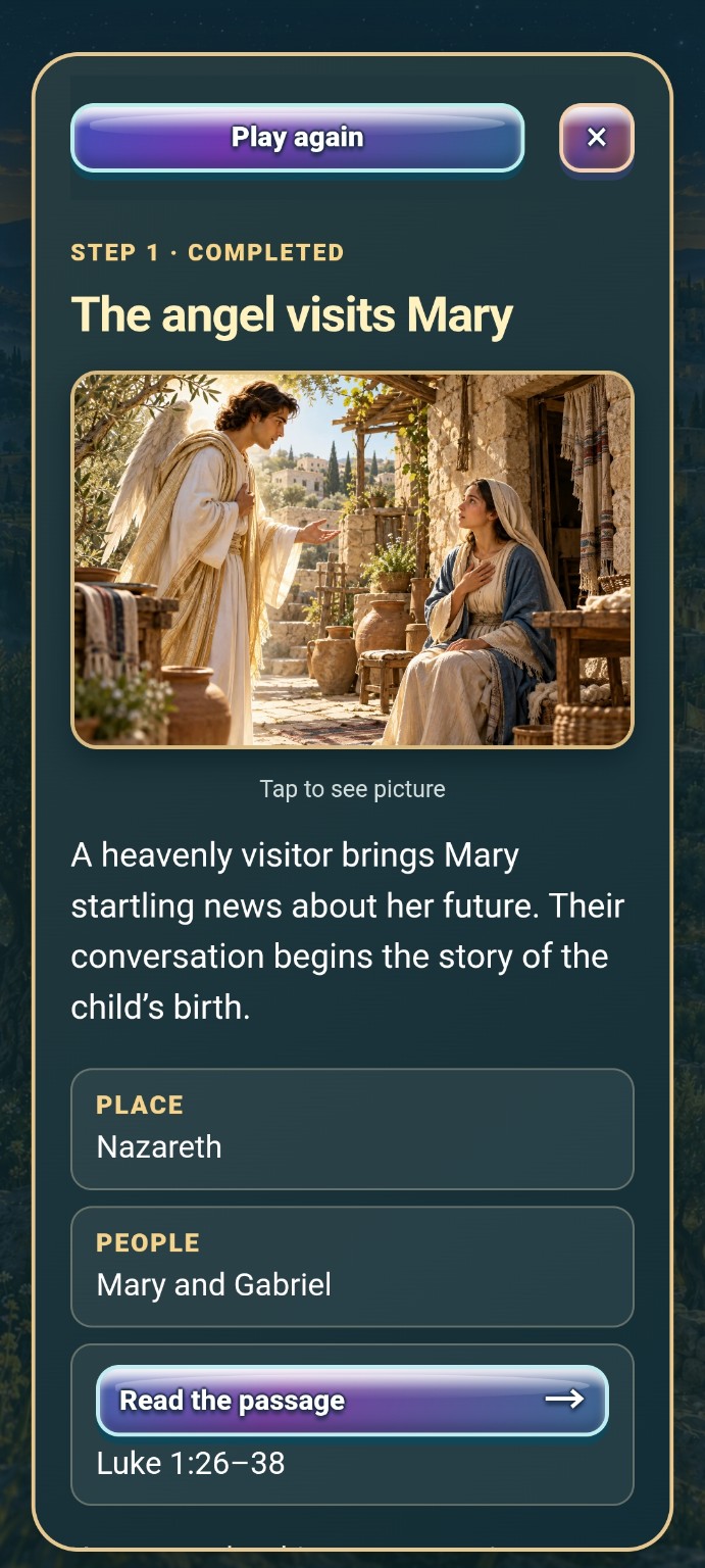 A completed journey step in Interactive Bible Journeys