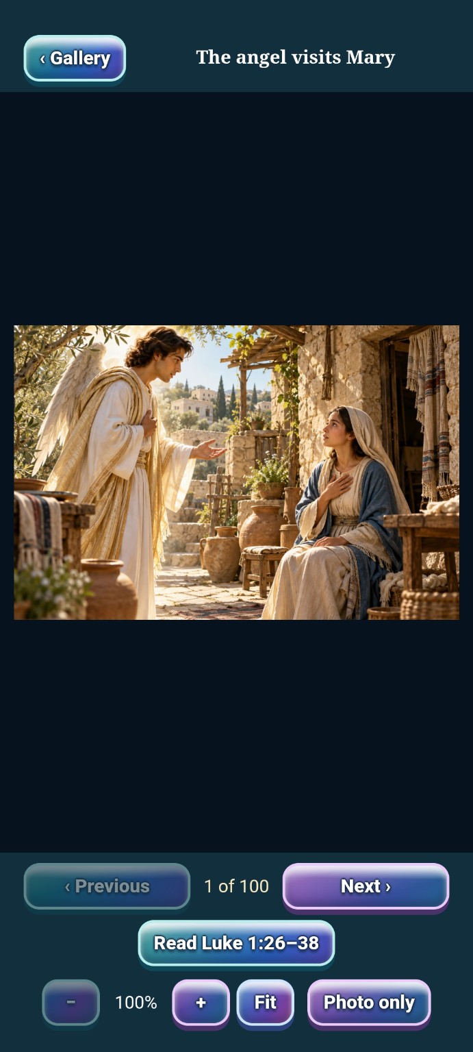 The angel visits Mary in Interactive Bible Journeys