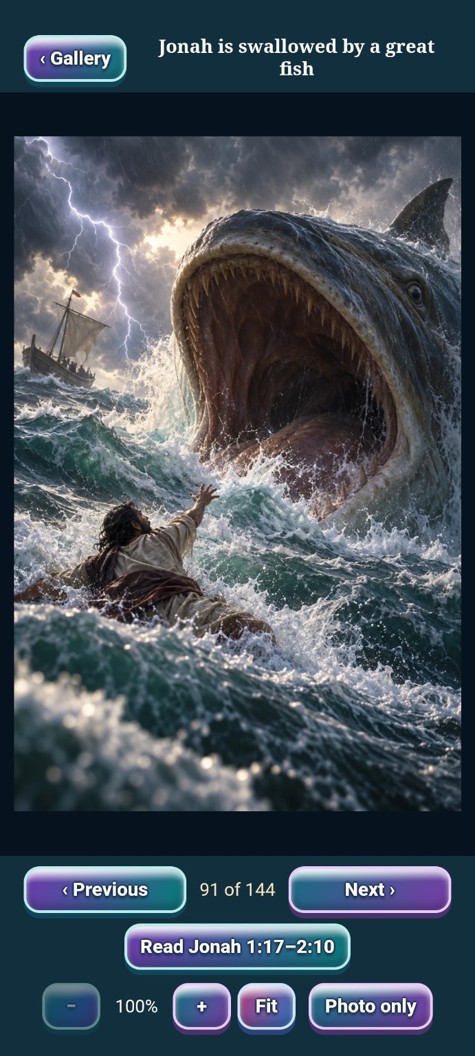 Jonah is swallowed by a great fish in Interactive Bible Journeys