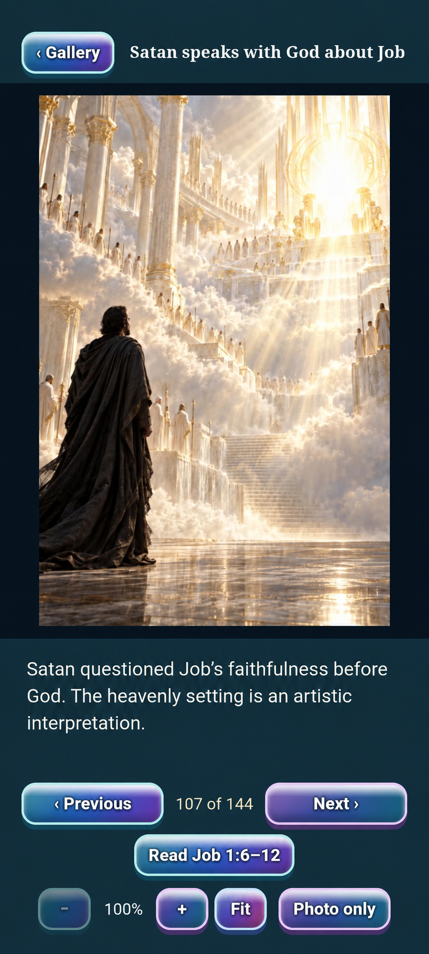 Satan speaks with God about Job in Interactive Bible Journeys