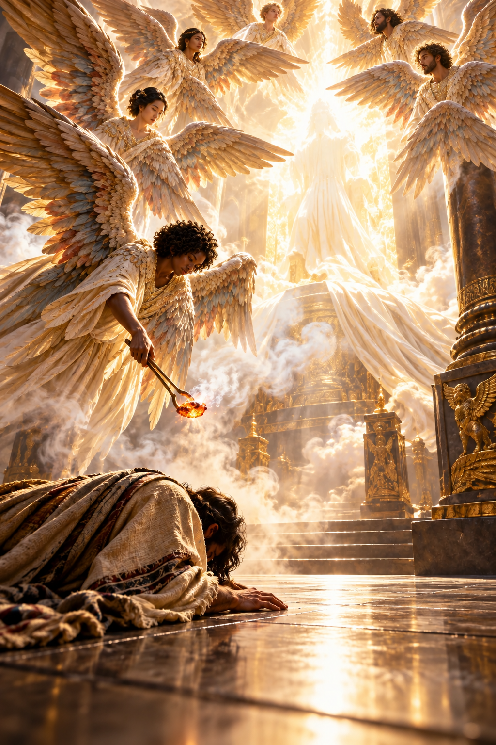 Isaiah before the radiant throne, surrounded by diverse seraphim