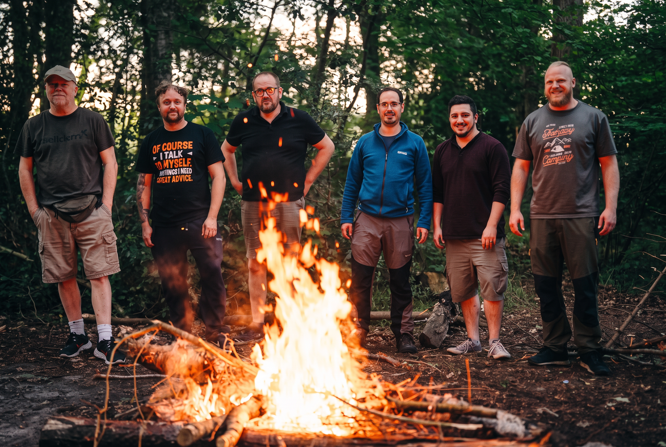 A group gathered around a woodland campfire